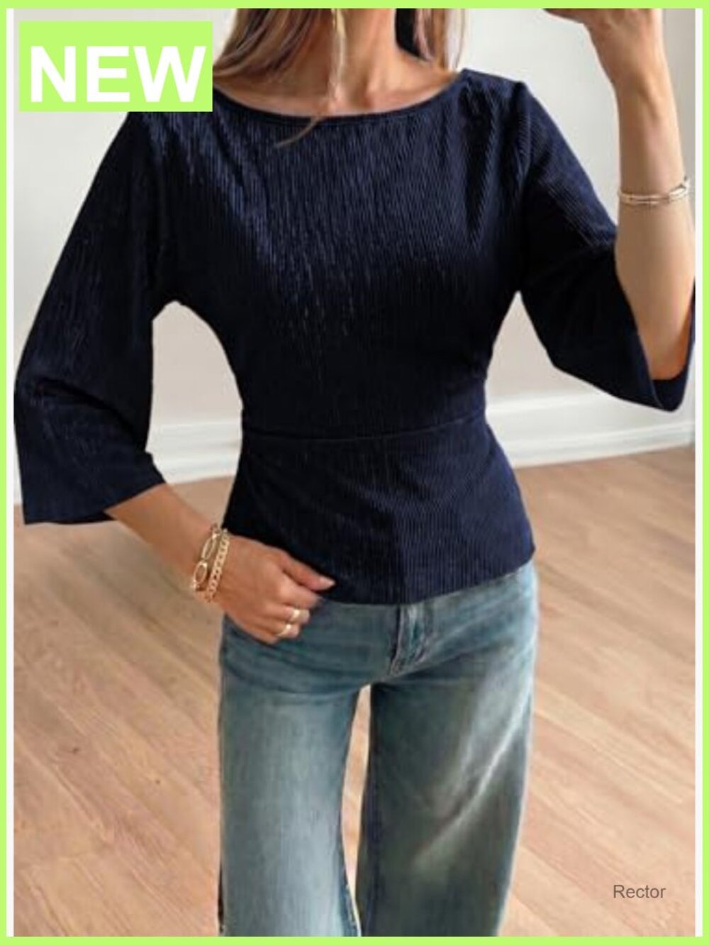 Womens Ribbed Knit 3/4 Bell Sleeve Boat Neck Ruched Waist Fitted Tee Top - Picture 4 of 7